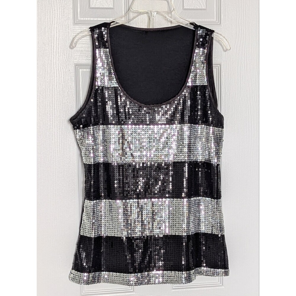 Debbie Shuchat Women's (Large) Black & Silver Striped Sequin Sleeveless Tank Top